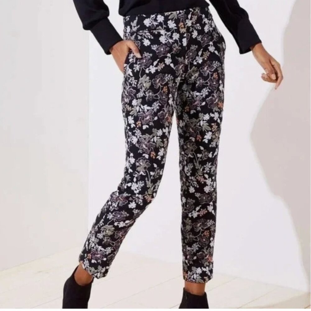 Loft Ann Taylor Size 8 Petite Black Embroidered Marisa Ankle Pants